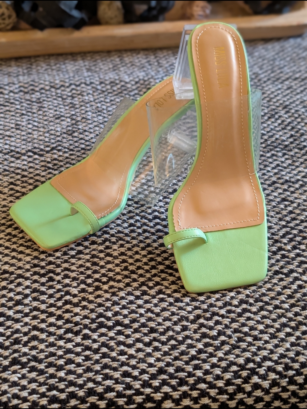 Miss Lola Lime Green Clear-Detail Women's Sandals W/Clear Strap And Clear Heels